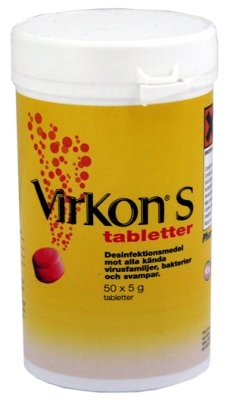 Desinfiointiaine Virkon Tabletti terraarion, akvaarion ja eläintarvikkeiden puhdistamiseen.